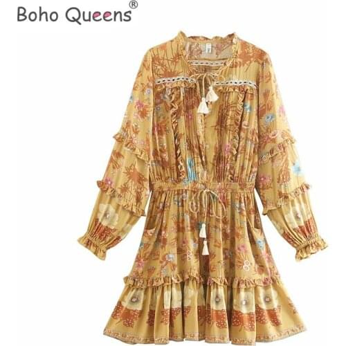 Boho Queens women floral print long sleeve tassel ruffles beach Bohemian mini dresses Ladies elestic waist rayon Boho dress