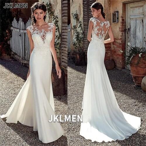 Scoop Neckline Capped Sleeves Lace Mermaid Wedding Dresses Zipper Buttons Chiffon Simple Long Bride Gown Vestidos De Novia 2021