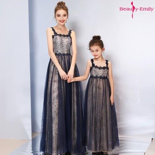 Beauty-Emily Sling Strapless Mother Child Evening Dresses Floor-Length Prom Gowns Party Dress Sequins Tulle Girl Dress Vestidos