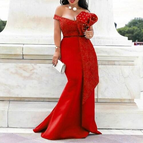 Party Dresses for Women Plus Size Red Blue Sexy Evening Floor Length Off The Shoulder Beading Sleeveless Maxi Pencil Dress 2020