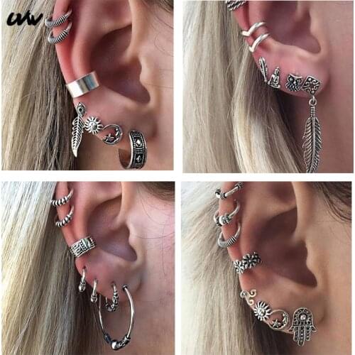 2pc Vintage Silver Color 316L Steel Ear Cuff Boho Cartilage Earrings Studs Leaf Lobe Tragus Helix Piercing Jewelrys for Women