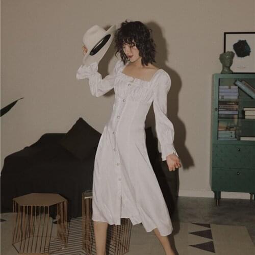 BLLOCUE White Retro Dress Temperament High Waist Slim Single Breasted Long Sleeve Party Dress 2020 New Fashion Ladies Long Dress