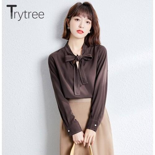 Trytree 2021 Spring Summer Women Blouse Casual Tie Bow Collar Brown Solid Shirts Office Lady Polyester Silky Tops For Women