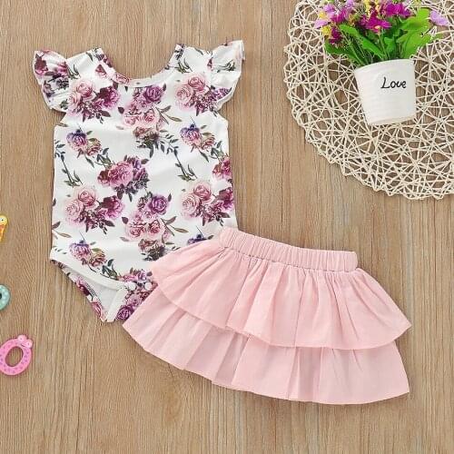 Baby Girls Flower Allover Bodysuit and Solid Tiered Skirt