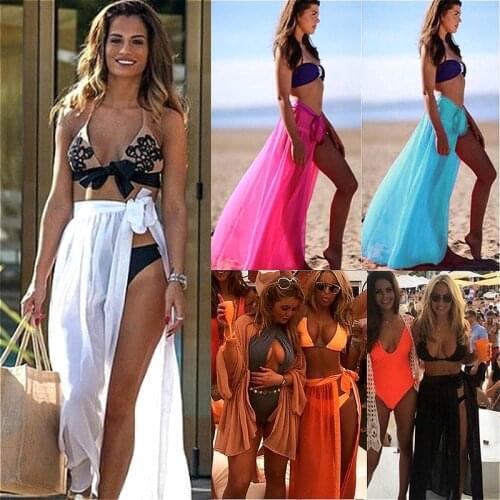Women Bikini Cover-Ups 2021 Summer Mesh Sheer Beach Maxi Skirts Ladies Solid Sexy Split Maxi Skirt Wrap Sarong Pareo Beachwear