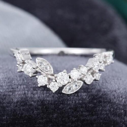 EDI Leaf Ring Curved Moissanites Wedding Band 14k White Gold Floral Wedding Ring Stacking Matching Anniversary Gift For Women