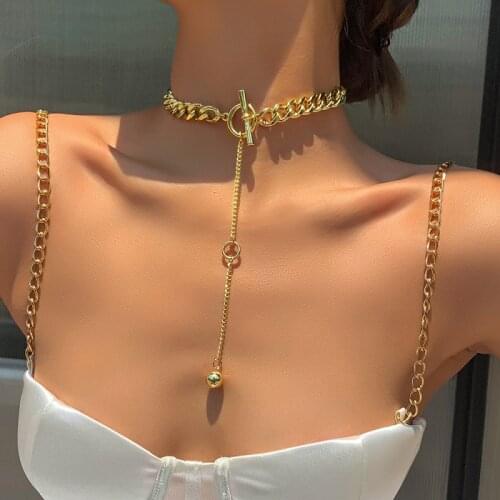 Exknl Trendy Hip Hop Gold Color Thick Chain Metal Ball Long Lock Chain Clavicle Necklace for Women Men Girls Party Jewelry Gift