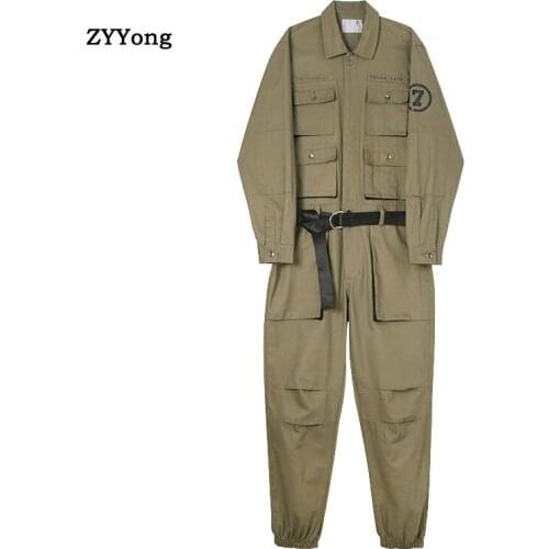 Men Jumpsuit Overalls Multi Pocket Long Sleeve Beam Feet Hip Hop Streetwear Cargo Pants Military Cool Woman Rompers Trousers