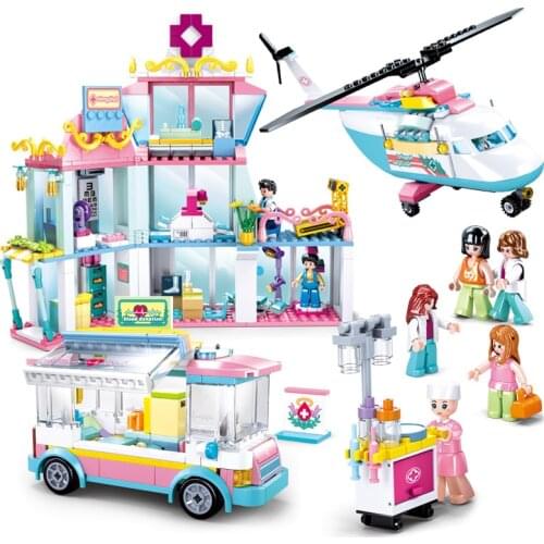 SLUBAN City Healthy Car Medical Ambulance Aircraft Medical Center MOC Figures Building Blocks Bricks Classic Model Toys For Kids