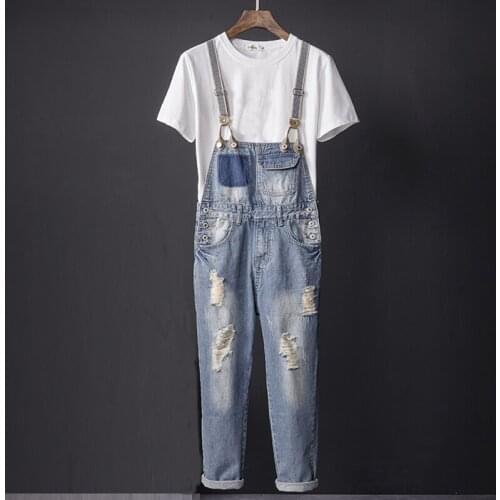 Summer Men Ripped Hole Ankle Length Korean Style Denim Jumpsuits , Casual Jeans Overalls For Men , Washed Distressed Romper