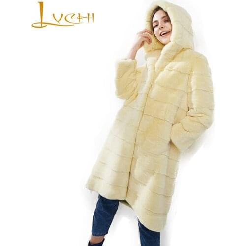 LVCHI Winter 2019 Denmark Imported Crown Swan Velvet Mink Womens Natural Fur Coat Mink Coats With Hat Medium Causal Mink Coats