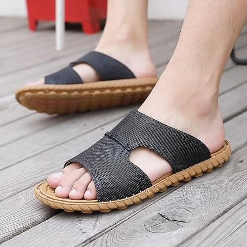 Flat With Beach Fashion Outside Mens Slippers Leisure Concise Genuine Leather Summer Flip Flops Men Shoes Size 45 46 47