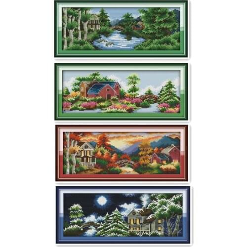 Four Seasons Scenery 11CT 14CT Cross Stitch Kit, Beautiful Castle Embroidery Spring, Summer, Autumn and Winter Paintings