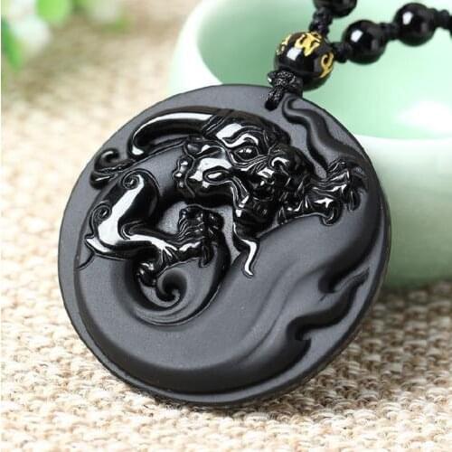 Natural obsidian stone pendant dragon mascot Wealth Protection Amulet