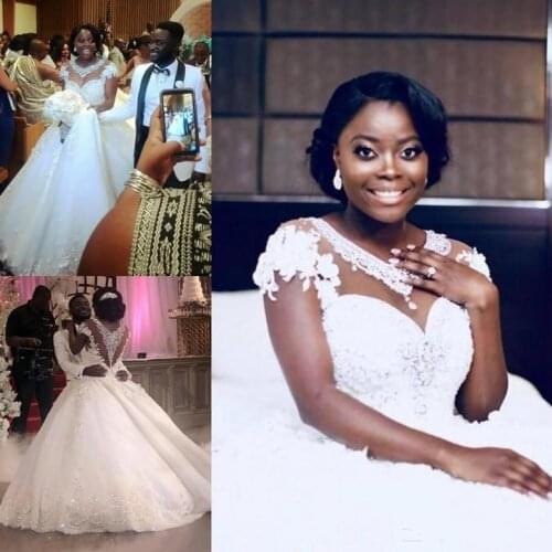 Diamonds Sequins Gowns African Wedding Dresses Plus Size Ball Gown Sheer Neck Cap Sleeve Flower Lace Bridal Custom