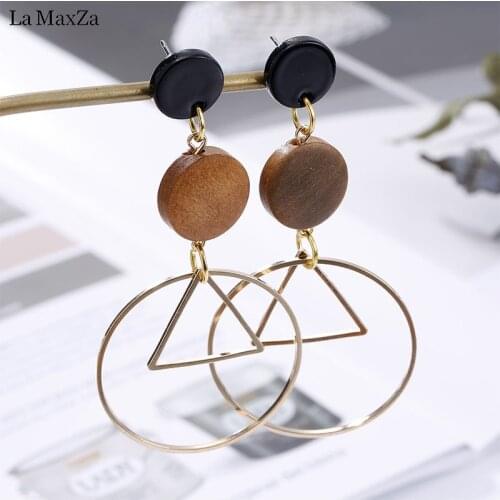 Natural Wood Earring Wooden Earrings For Women Exaggerated Statement Geometry Round Long Stud Earrings Girls Fashion Jewelry