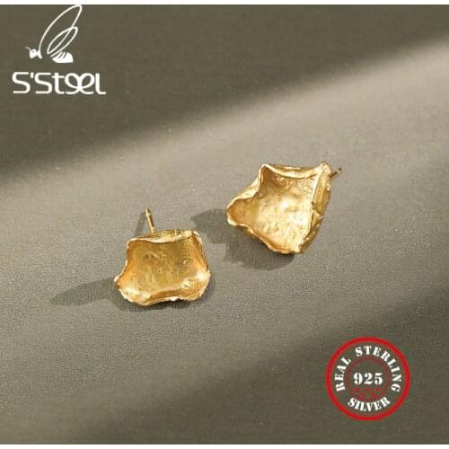 SSTEEL 925 Sterling Silver Earrings For Women Gold Earings Cute Asymmetric Stud Earrings 2020 Pendientes Minimalist Jewelry