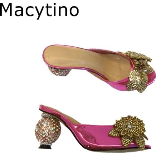 Bling Bling Beaded Ball Heel Slippers Unique Crystal Flower Summer Sandal Woman Patent Leather Slides Outside Evening Slippers