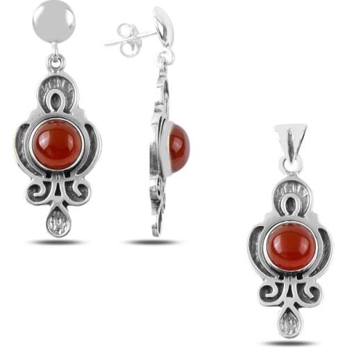 Silverlina Silver Red Agate Stone Handwork Set