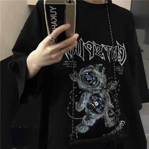 Short Sleeve Women T-Shirt Japanese Anime Bear Print Female Korean Loose Black Punk Clothes Harajuku Graphic Tees Kawaii Hip Hop