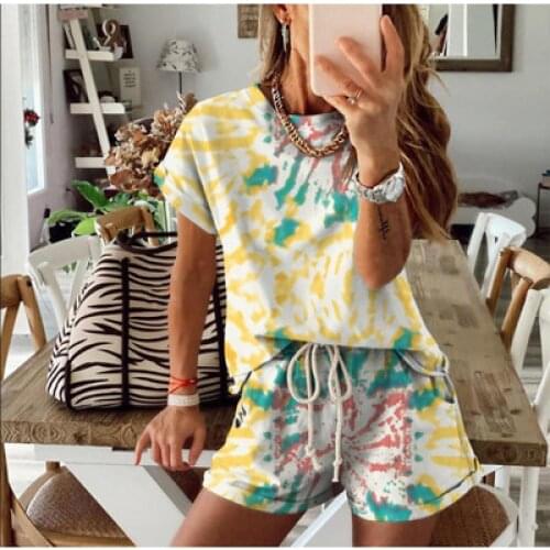 Women Suit Tie-Dye Gradient Pajama Sets Women Short-Sleeved Loungewear Set Homewear Ensemble Pyjama Femme Shorts Set