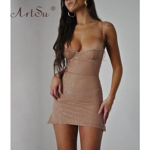 ArtSu Crystal Beading Spaghetti Strap Women A-Line Mini Dress Sexy Sequin Party Club Dresses Ladies V-Neck Slim Summer Robe