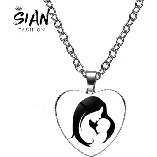 SIAN Mom and Baby Simple Lovely Painting Pendant Necklace Half Moon Crescent Long Glass Cabochon Choker For Mothers Day Gifts