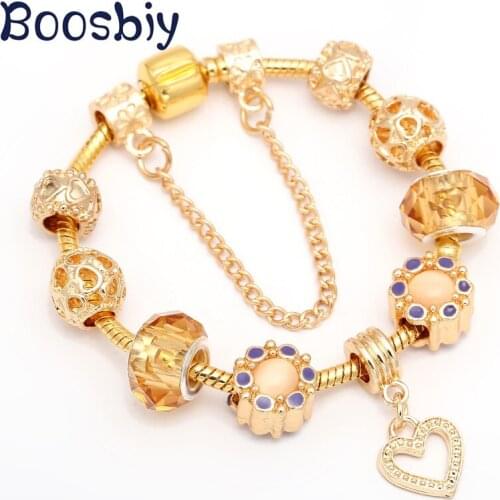Boosbiy Authentic European Style Gold Heart Beads Fit Brand Charms Bracelet For Women DIY Fashion Bracelets For Lover Gift