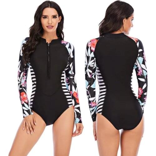One Piece Swimsuit 2021 Rashguard Sexy Long Sleeve Surf Swimwear Women Print Bathing Beach Wear Swimming Suit Monokini Bodysuit
