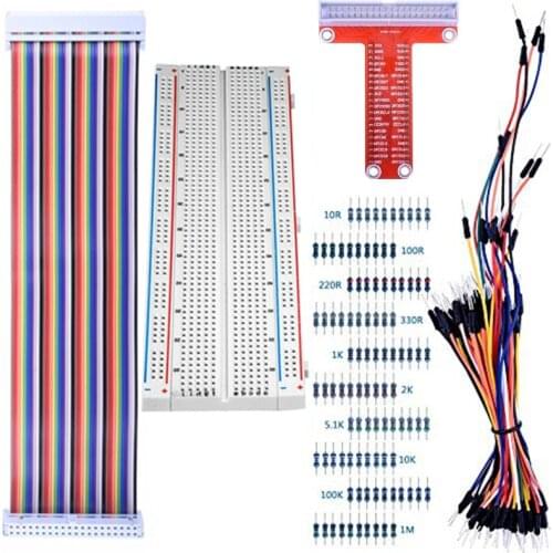 For Raspberry Pi 4B 3B+ Kit 830 MB-102 Tie Points Solderless Breadboard + GPIO T Type Expansion Board + 65pcs Jumper Wires Cable