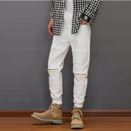 Newly Street Style Fashion Men Jeans White Elastic Slim Fit Biker Jeans Men Spliced Designer Hip Hop Denim Punk Pencil Pants