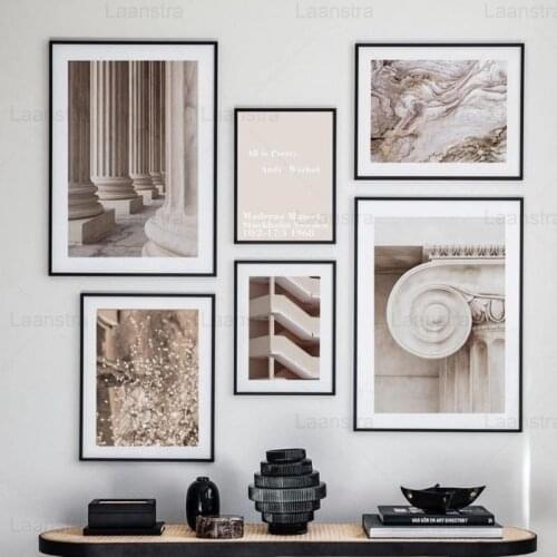 Canvas Painting Beige Marble Texture Vintage Building White Flowers Poster and Print Nordic Wall Art Home Decoration Living Room