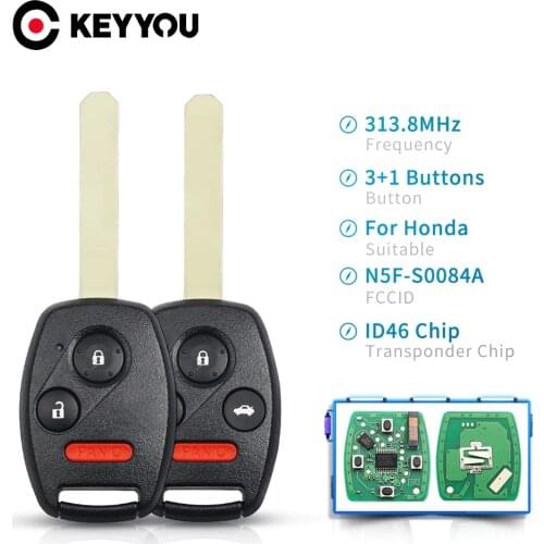 KEYYOU 5X For Honda 313.8Mhz Remote Car Key Keyless Entry Replacement Transmitter with Chip46 N5F-S0084A fit for Honda Civic
