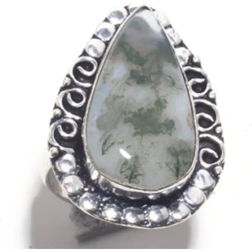 Genuine Moss Agate Ring Silver Overlay over Copper ,Hand Made Women Jewelry gift , Size: 9.25 , R6715
