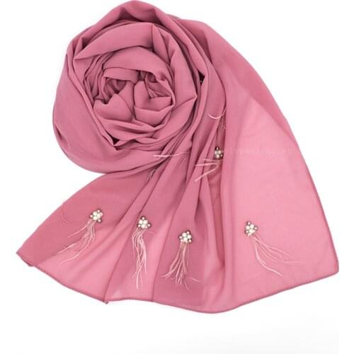 Fashion New Pearl Chiffon Headscarf Malaysia Indonesia Beaded Feather Chiffon Scarf