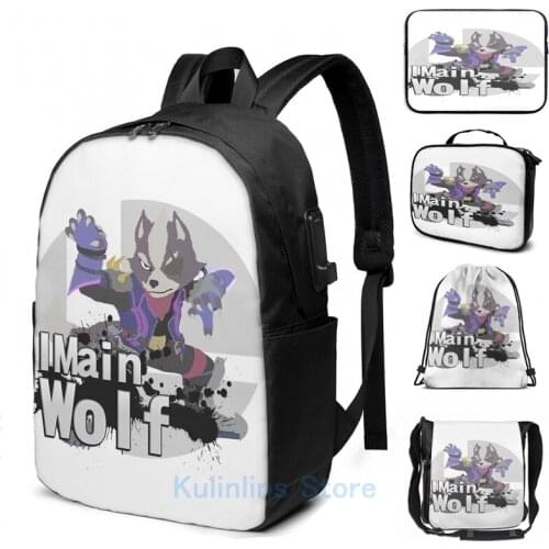 Funny Graphic print I Main Wolf Super Smash Bros Ultimate USB Charge Backpack men School bags Women bag Travel laptop bag