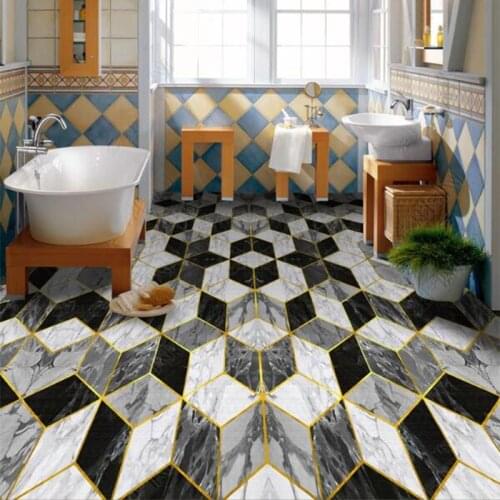 PVC Wallpaper Modern Creative Black And White Geometric Marble Pattern Floor Sticker Toilet Self Adhesive Waterproof Tiles Mural