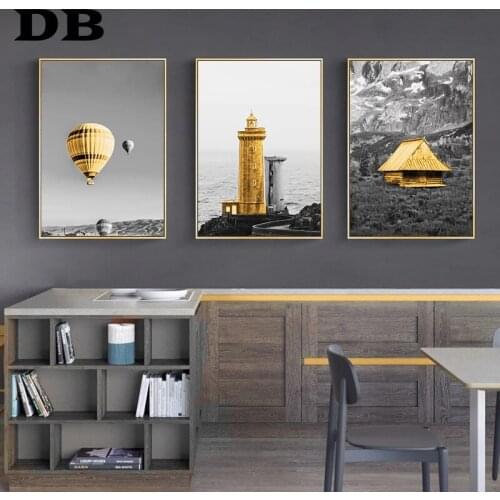 Black Yellow Balloon Lighthouse Wall Art Canvas Painting Landscape Posters And Prints Scenery Picture For Living Room Home Decor