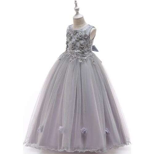 2021 New Childrens Long Dress Flower Nail Beaded Gray Princess Dress Girl Catwalk Show Wedding Dress Poncho Long Skirt