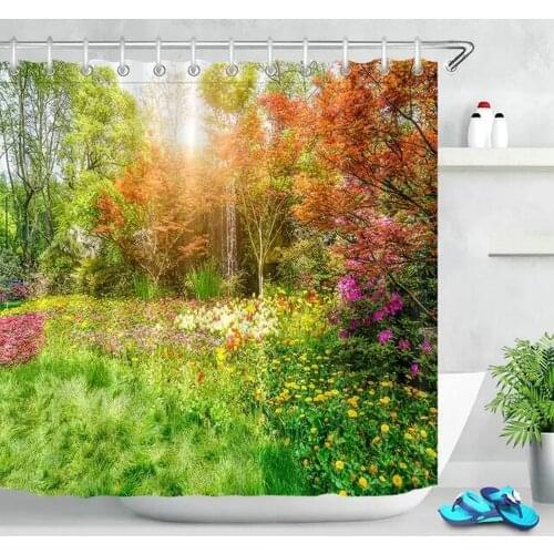 Autumn Landscape Shower Curtains Red Maple Flowers Meadow Tree Natural Scenery Waterproof Fabric Bathroom Curtain Set Home Decor