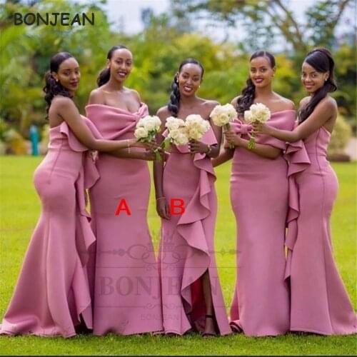 Off Shoulder Mermaid Bridesmaid Dresses 2021 Short Sleeves Bow Elastic Satin Black Girls Bridesmaid Dress Wedding Party Dress