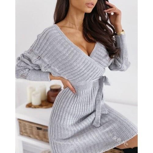 Sweater Dress Womens Surplice Winter Jumper Female Clothing Wrap Ribbed Slim V Neck Knitted Adjustabale Waist Pullover