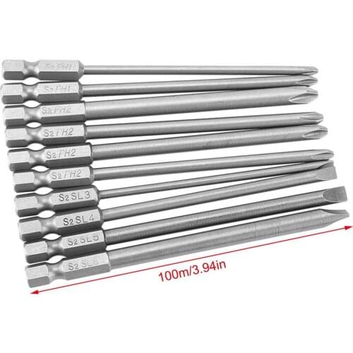 Professional 10pcs/set 100mm Alloy Steel S2 Slotted Screwdriver Bits Straight Cross Head Batches Hand Tools