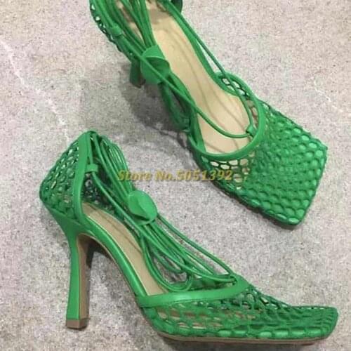 Net Mesh Shoes Square Toe High Heel Sandals Women Stiletto Heel Ankle Strap Summer Sandals Sexy lace up Party Shoes Woman
