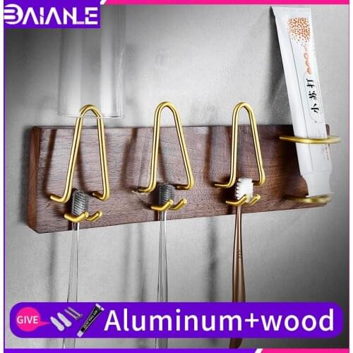 Bathroom walnut toothbrush holder wall mounted shower screw free installation waterproof gold wooden three cup holder