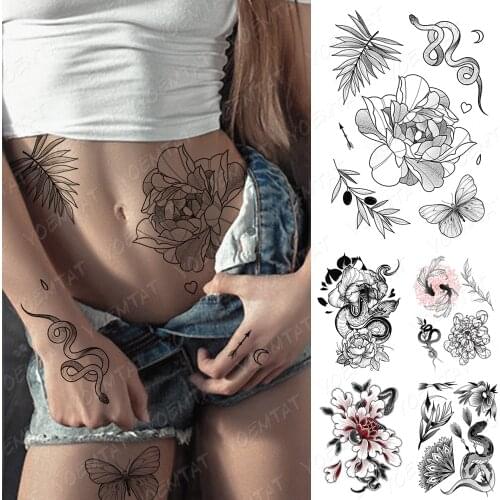 Waterproof Temporary Tattoo Sticker Sketch Line Snake Flower Moon Flash Tattoos Old School Body Art Arm Fake Tatoo Women Men