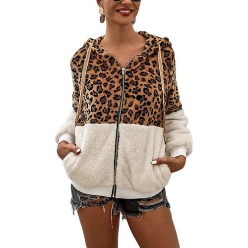 Women Autumn Jacket Leopard Print Stitching Fleece Hooded Long Sleeve Zipper-Front Coat For Girls 5 Colors