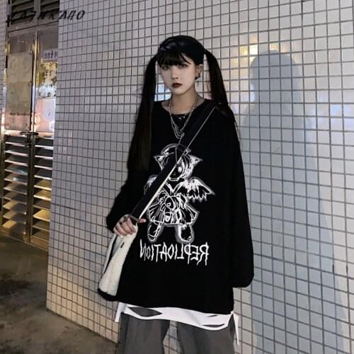 Goth Angel Print T-shirt Women Y2k Alt Clothes Aesthetic Fashion 2021 Spring Harajuku Long Sleeve Tshirts Top Female