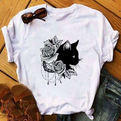 Women T-shirt Cat Flower Short Sleeve Tshirt Fashion Printed Summer Ladies Graphic Clothing Female T Shirt Tee tops