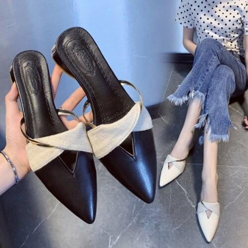 Baotou half slippers female 2021 new summer metal decoration color matching medium thick heel pointed toe shoes large size